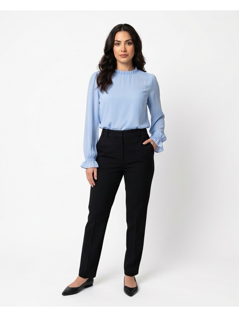 Verve Ami Women’s Blue Ruffle Neck Long Sleeve Blouse Office Top Size L